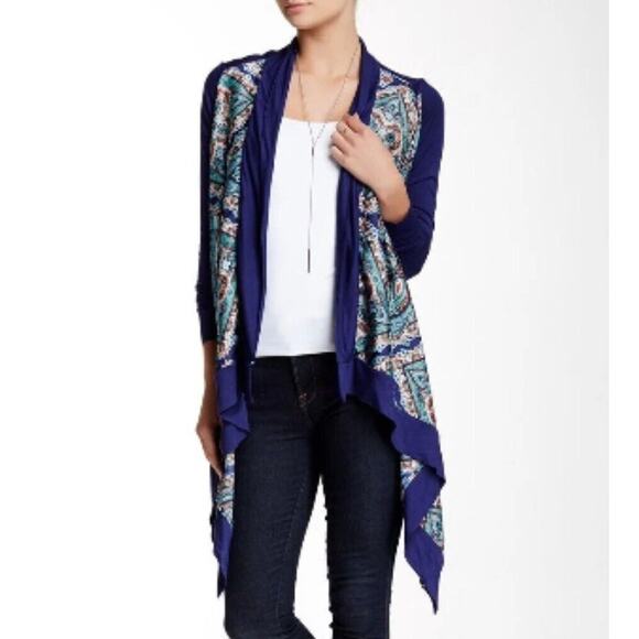 Vertigo Sweaters - Vertigo Satin High Low Paisley Royal Blue Orange Long Sleeve Drape Cardigan S